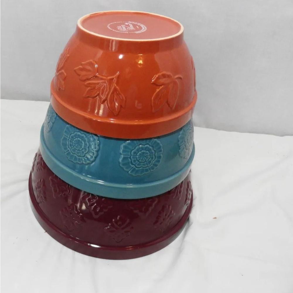 Pioneer Woman 3pc Cornucopia Mixing bowl Set Nesting Teal Rust Maroon Brand New